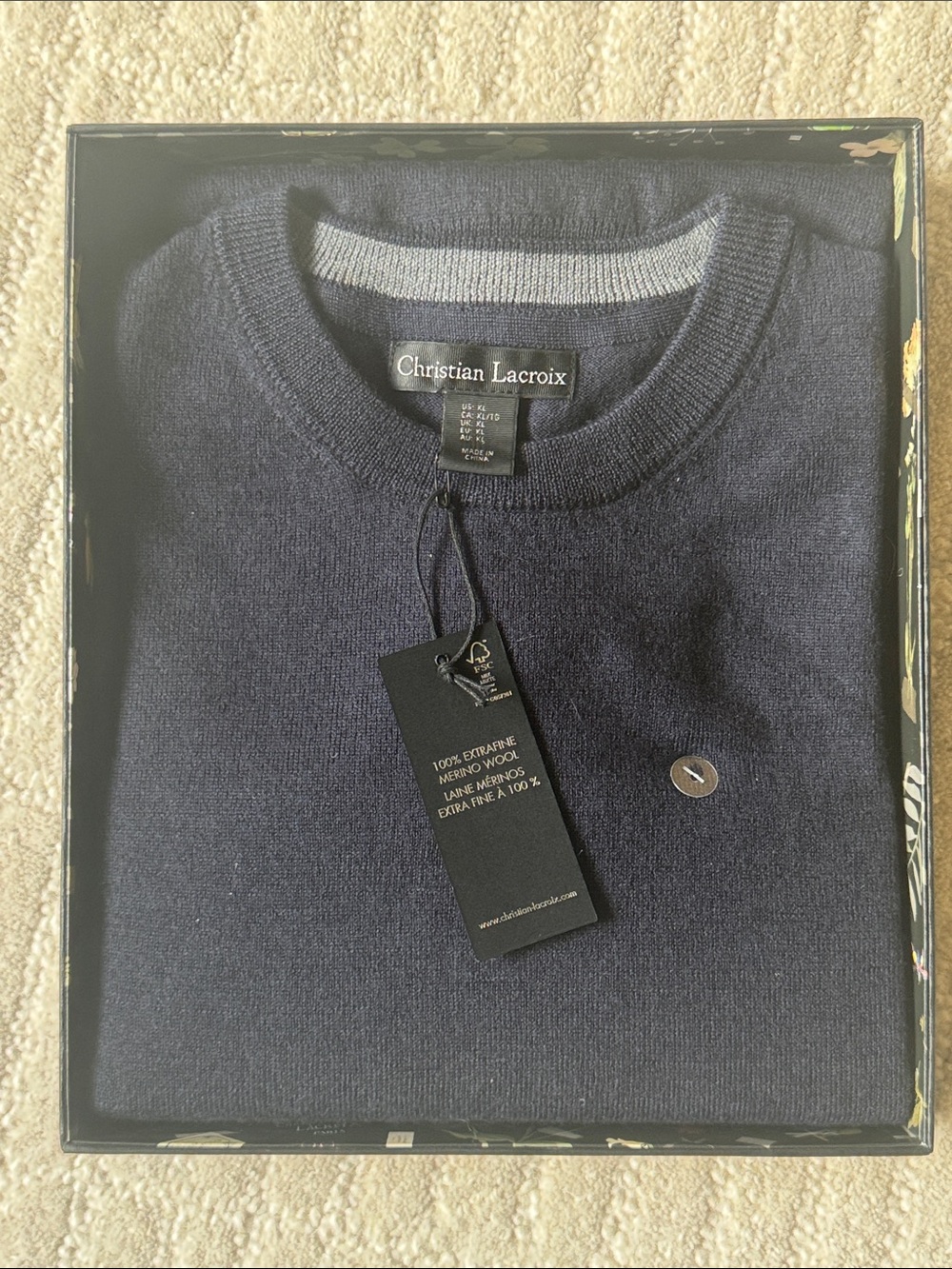 Christian Lacroix Navy Blue Crewneck Sweater with Light Gray Neck Trim